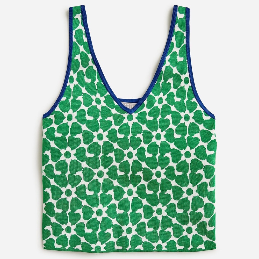 NWT J.Crew FITTED Green and White Floral JACQUARD Knit Tank with Blue Trim. M